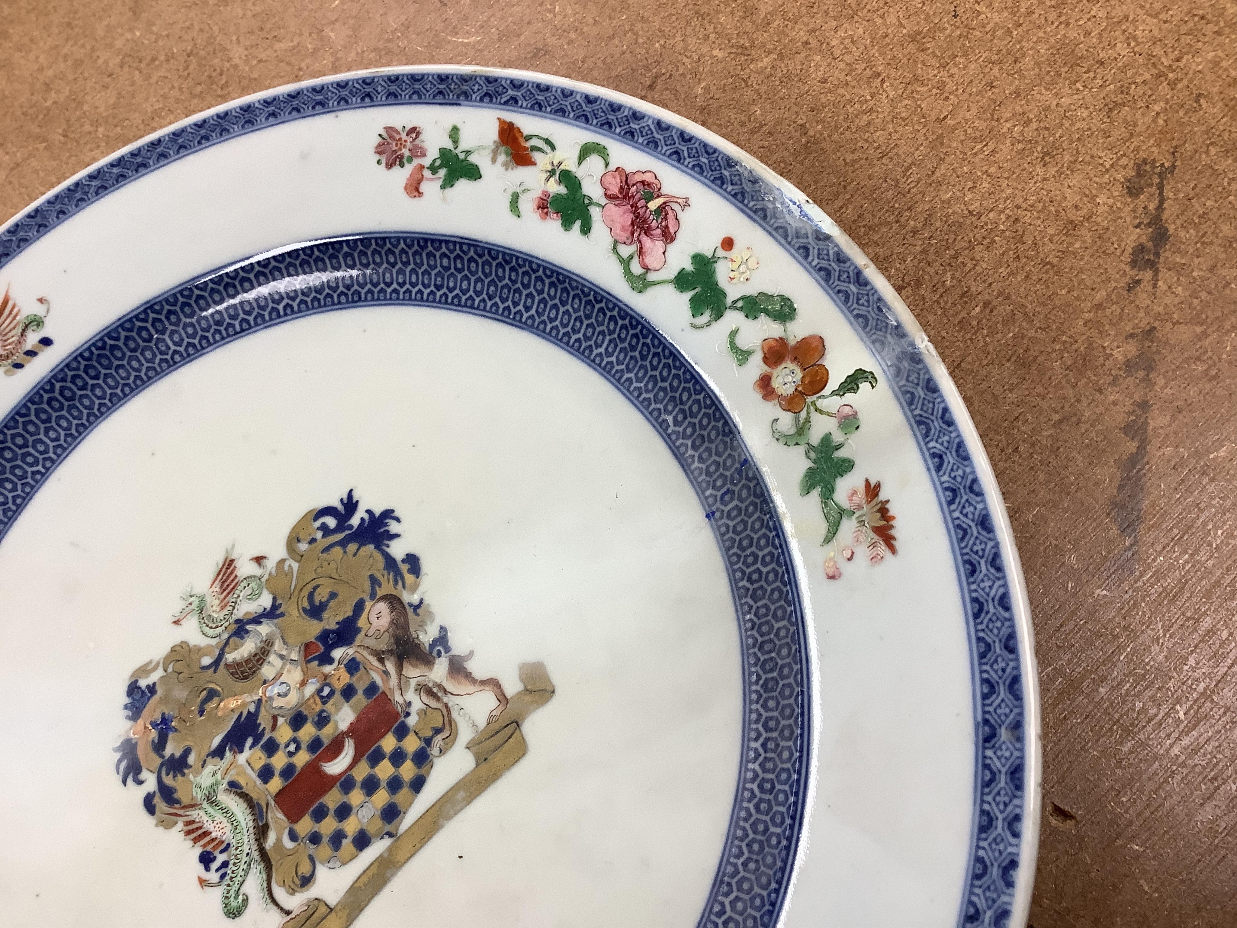 Two 18th century Chinese armorial dishes with arms of Way and Clifford, largest 35cm. Condition - both restored